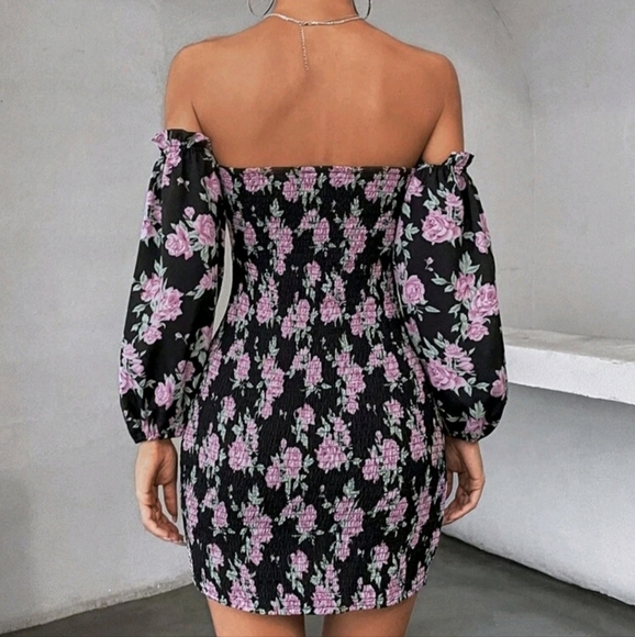 Floral Off-Shoulder Dress - Black, And Lilac' - Picture 2 of 11